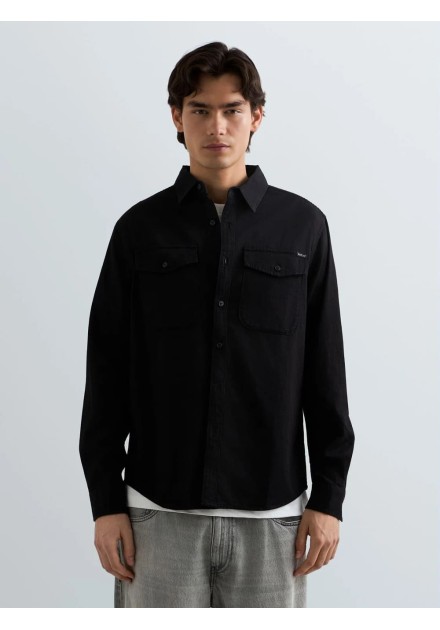 Camisa Replay negra denim para hombre - detalle cuello y botones Camisa Replay negra denim para hombre - detalle cuello y botones