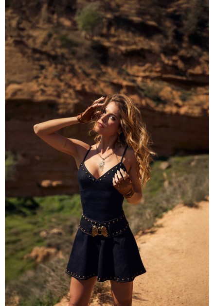 Vestido midi Scouten Camaleónica by Capriche, estampado floral marrón con cruce delantero y cremallera en manga