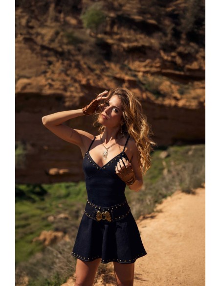 Vestido midi Scouten Camaleónica by Capriche, estampado floral marrón con cruce delantero y cremallera en manga