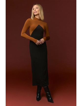 Vestido Minueto Moggie bicolor negro y camel, modelo vista frontal