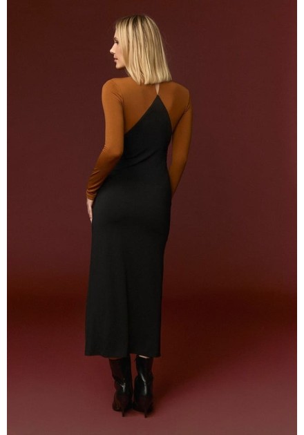Vestido Minueto Moggie bicolor negro y camel, vista de espalda
