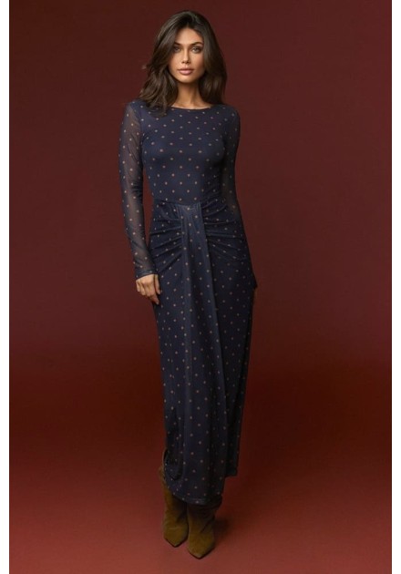 Vestido Minueto Blaze malla estampado estrellas azul marino largo - vista frontal modelo