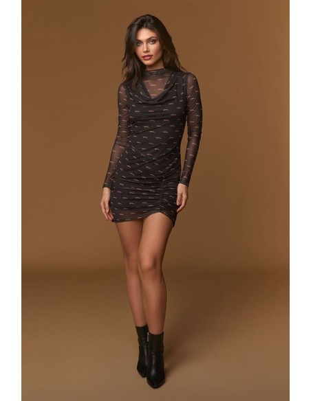 Vestido Minueto Mayfair malla negra estampado zorros - vista frontal completa