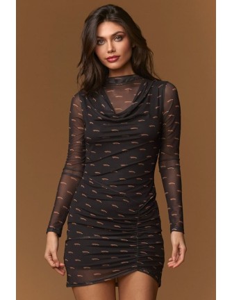 Vestido Minueto Mayfair malla negra estampado zorros - vista frontal modelo