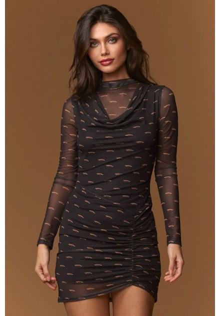 Vestido Minueto Mayfair malla negra estampado zorros - vista frontal modelo
