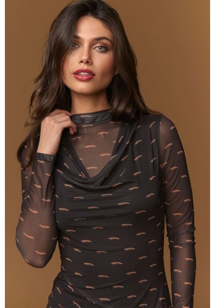 Vestido Minueto Mayfair malla negra estampado zorros - detalle escote