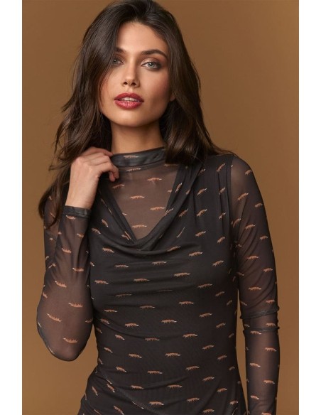 Vestido Minueto Mayfair malla negra estampado zorros - detalle escote