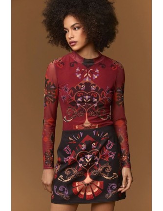 Top Minueto Kew estampado barroco burdeos y negro - vista frontal modelo