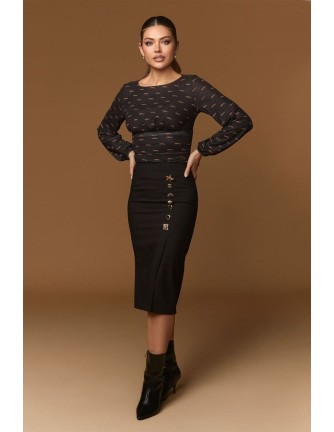 Falda Minueto Golden negra midi con botones dorados decorativos - vista frontal modelo