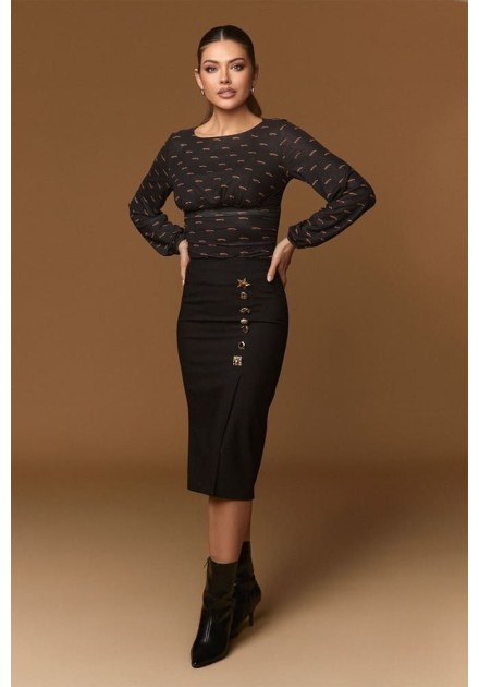 Falda Minueto Golden negra midi con botones dorados decorativos - vista frontal modelo