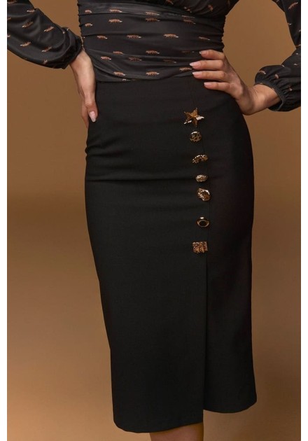 Falda Minueto Golden negra midi con botones dorados decorativos - detalle abertura