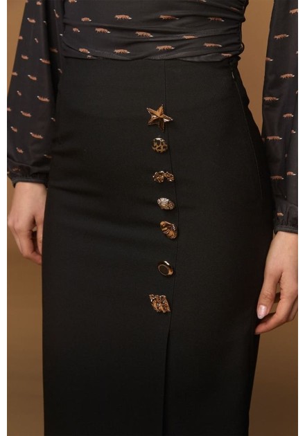 Falda Minueto Golden negra midi con botones dorados decorativos - primer plano botonadura