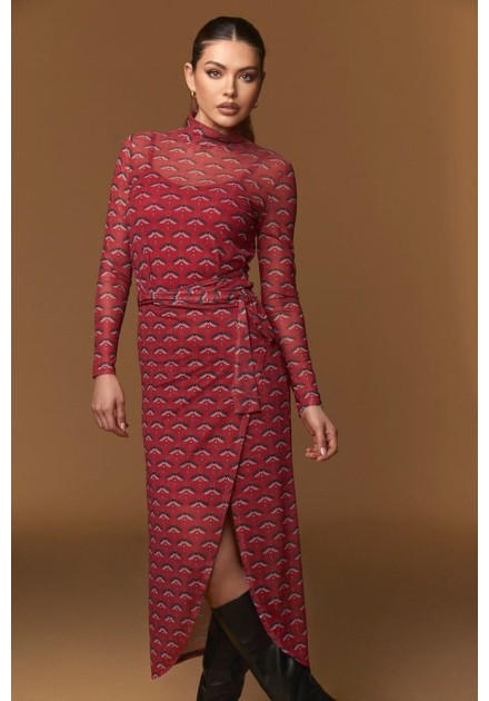 Vestido Minueto Dragonfly rojo estampado libélulas - vista frontal modelo