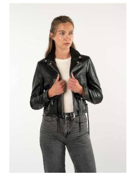 Chaqueta biker de piel negra Gipsy by Mauritius para mujer, vista frontal abierta