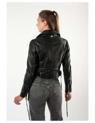 Chaqueta biker de piel negra Gipsy by Mauritius para mujer, vista frontal abierta 2