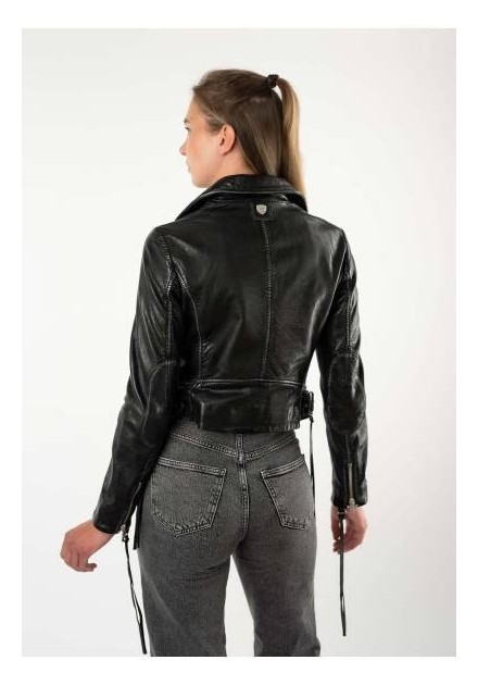 Chaqueta biker de piel negra Gipsy by Mauritius para mujer, vista trasera con cinturón Chaqueta biker de piel negra Gipsy by Mauritius para mujer, vista trasera con cinturón