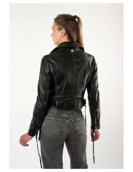 Chaqueta biker de piel negra Gipsy by Mauritius para mujer, vista trasera con cinturón