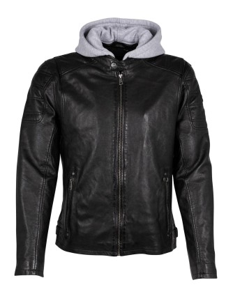 Chaqueta biker de piel negra Gipsy by Mauritius para hombre con capucha de punto gris, vista frontal
