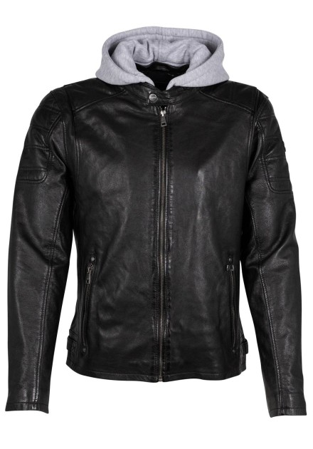 Chaqueta biker de piel negra Gipsy by Mauritius para hombre con capucha de punto gris, vista frontal Chaqueta biker de piel negra Gipsy by Mauritius para hombre con capucha de punto gris, vista frontal
