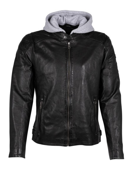 Chaqueta biker de piel negra Gipsy by Mauritius para hombre con capucha de punto gris, vista frontal
