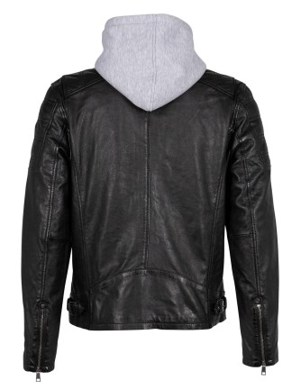 Chaqueta biker de piel negra Gipsy by Mauritius para hombre con capucha de punto gris, vista frontal 2