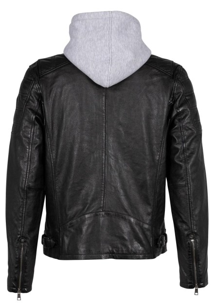 Chaqueta biker de piel negra Gipsy by Mauritius para hombre con capucha de punto gris, vista trasera Chaqueta biker de piel negra Gipsy by Mauritius para hombre con capucha de punto gris, vista trasera