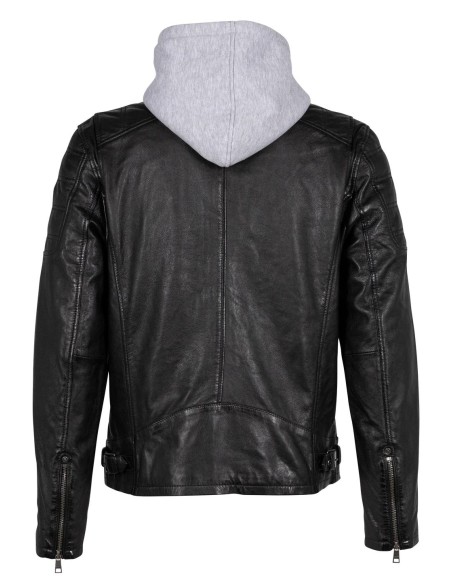 Chaqueta biker de piel negra Gipsy by Mauritius para hombre con capucha de punto gris, vista trasera