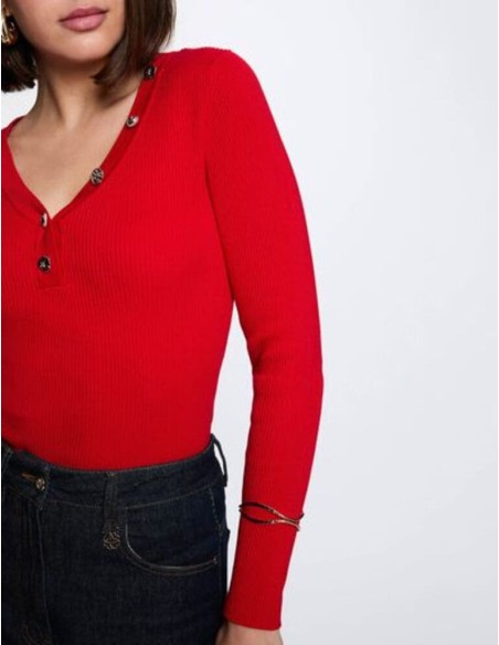 Jersey Morgan Mbiz rojo cuello V fantasia botones