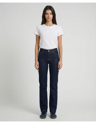 Vaqueros MET Vittoria de mujer, corte recto en denim azul oscuro, vista frontal con camiseta blanca