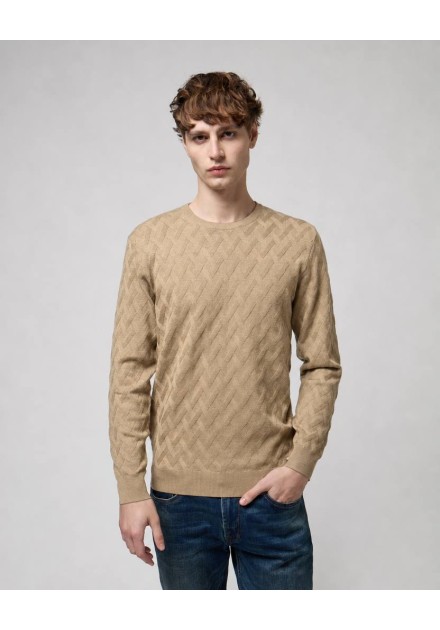 Jersey Gianni Lupo camel de cuello redondo con punto trenzado Jersey Gianni Lupo camel de cuello redondo con punto trenzado