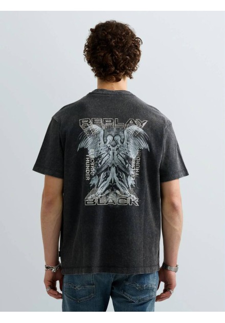 Camiseta Replay negra, estampado REPLAY BLACK ELECTRIC THUNDER en la espalda con motivo de alas
