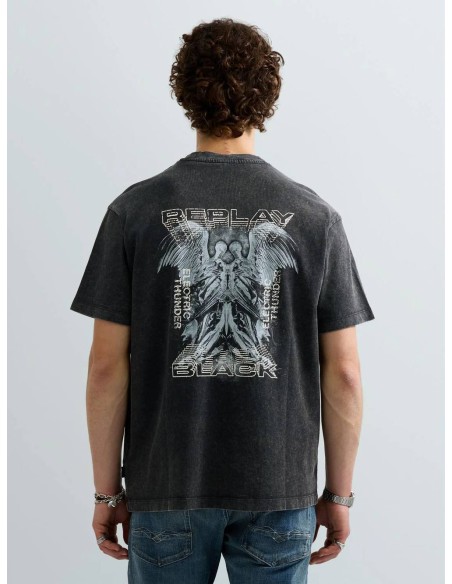 Camiseta Replay negra, estampado REPLAY BLACK ELECTRIC THUNDER en la espalda con motivo de alas