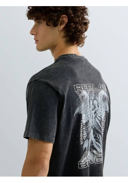 Detalle del estampado trasero REPLAY BLACK ELECTRIC THUNDER de la camiseta negra
