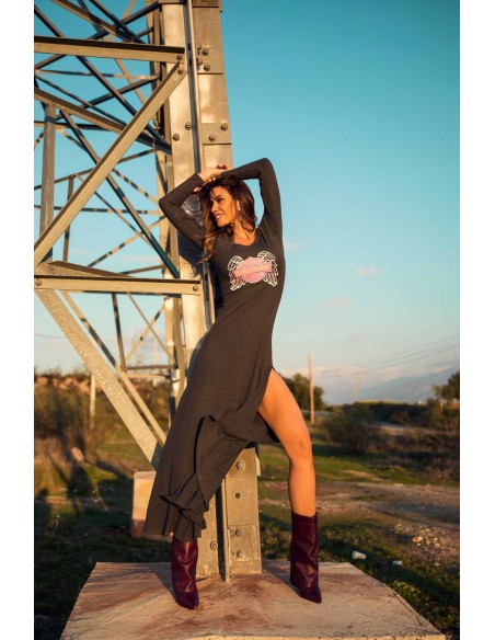 Vestido largo Wildera Camaleónica by Capriche gris con abertura y corazón rosa - imagen 11