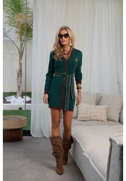 Vestido punto Vestal Camaleónica by Capriche verde con cinturón - vista frontal
