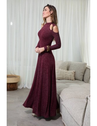 Vestido largo Norrik Camaleónica by Capriche burdeos hombros descubiertos - vista frontal 2