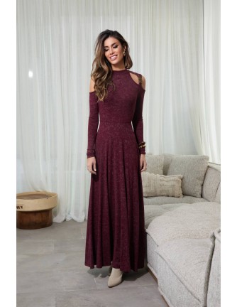 Vestido largo Norrik Camaleónica by Capriche burdeos hombros descubiertos - vista frontal