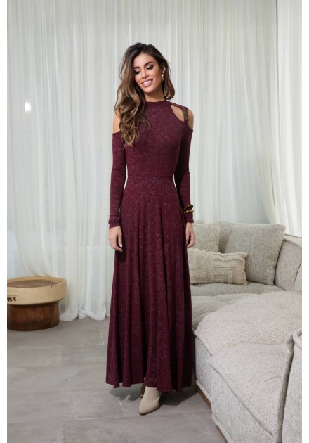 Vestido largo Norrik Camaleónica by Capriche burdeos hombros descubiertos - vista frontal