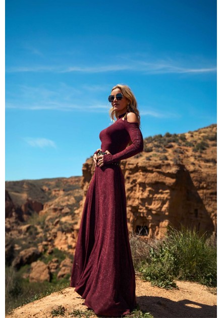 Vestido largo Norrik Camaleónica by Capriche burdeos hombros descubiertos - imagen 5