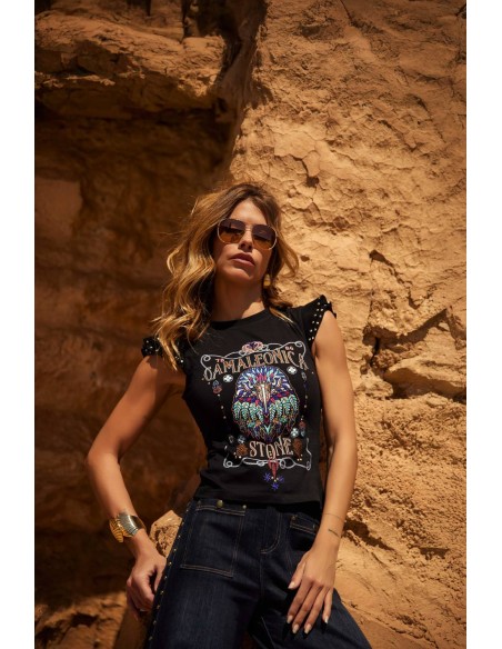 Camiseta Suka Camaleónica by Capriche negra estampada con volantes - vista frontal