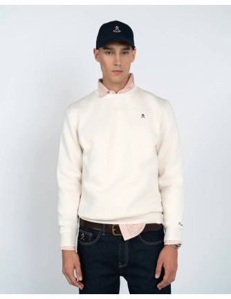 Sudadera Harper and Neyer Icon color crudo de cuello redondo, vista frontal con modelo