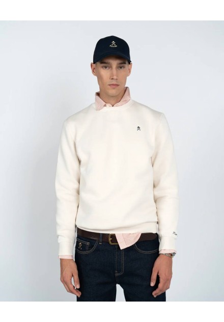 Sudadera Harper and Neyer Icon color crudo de cuello redondo, vista frontal con modelo