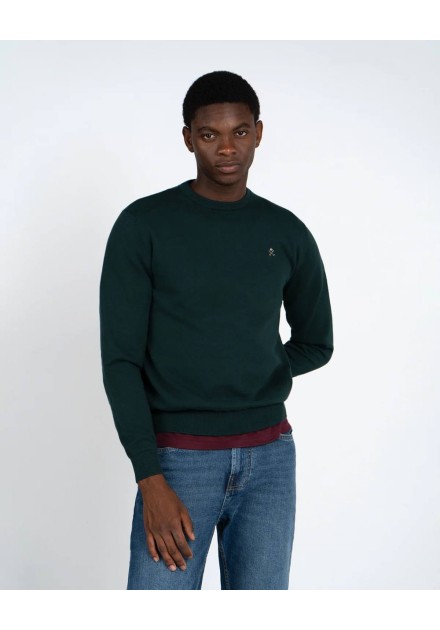 Jersey Harper and Neyer verde bosque de cuello redondo, vista frontal con modelo