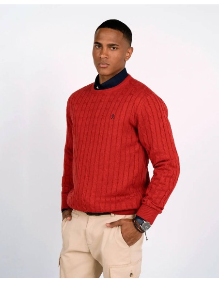 Jersey de ochos Harper and Neyer Blarney Castle rojo, vista frontal con modelo