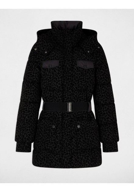 Chaqueta acolchada Morgan Givaleo negra con estampado animal y cinturón, vista de producto