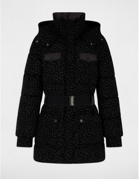 Chaqueta acolchada Morgan Givaleo negra con estampado animal y cinturón, vista de producto