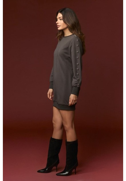 Vestido Minueto Camilla gris con tachuelas en la manga, vista lateral Vestido Minueto Camilla gris con tachuelas en la manga, vista lateral
