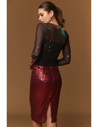 Top Minueto Charing negro con mangas de malla, vista frontal 2