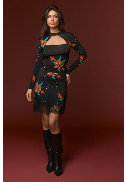 Falda Minueto Cross negra estampado floral, vista frontal Falda Minueto Cross negra estampado floral, vista frontal