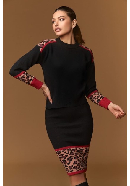 Falda Minueto Winehouse negra de punto con bajo de leopardo, vista frontal Falda Minueto Winehouse negra de punto con bajo de leopardo, vista frontal